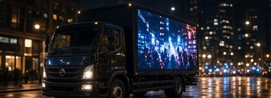 LED advertising van on a wet city street at night